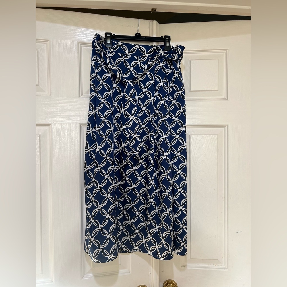 Ann Taylor Navy Geometric Belted Midi Length Skirt Modest Work Office Size 6 New